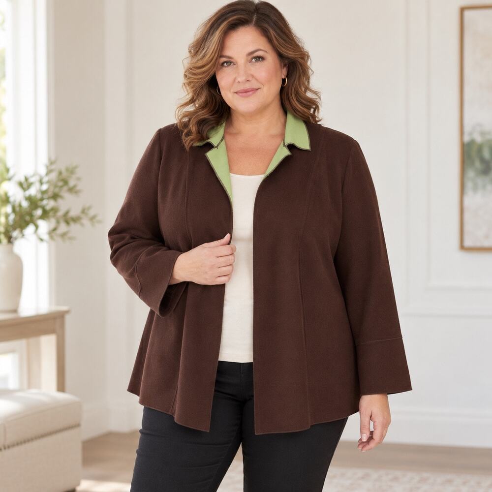Harve Benard Woman 16W Brown Wool Blend Jacket Sage Green Collar Plus